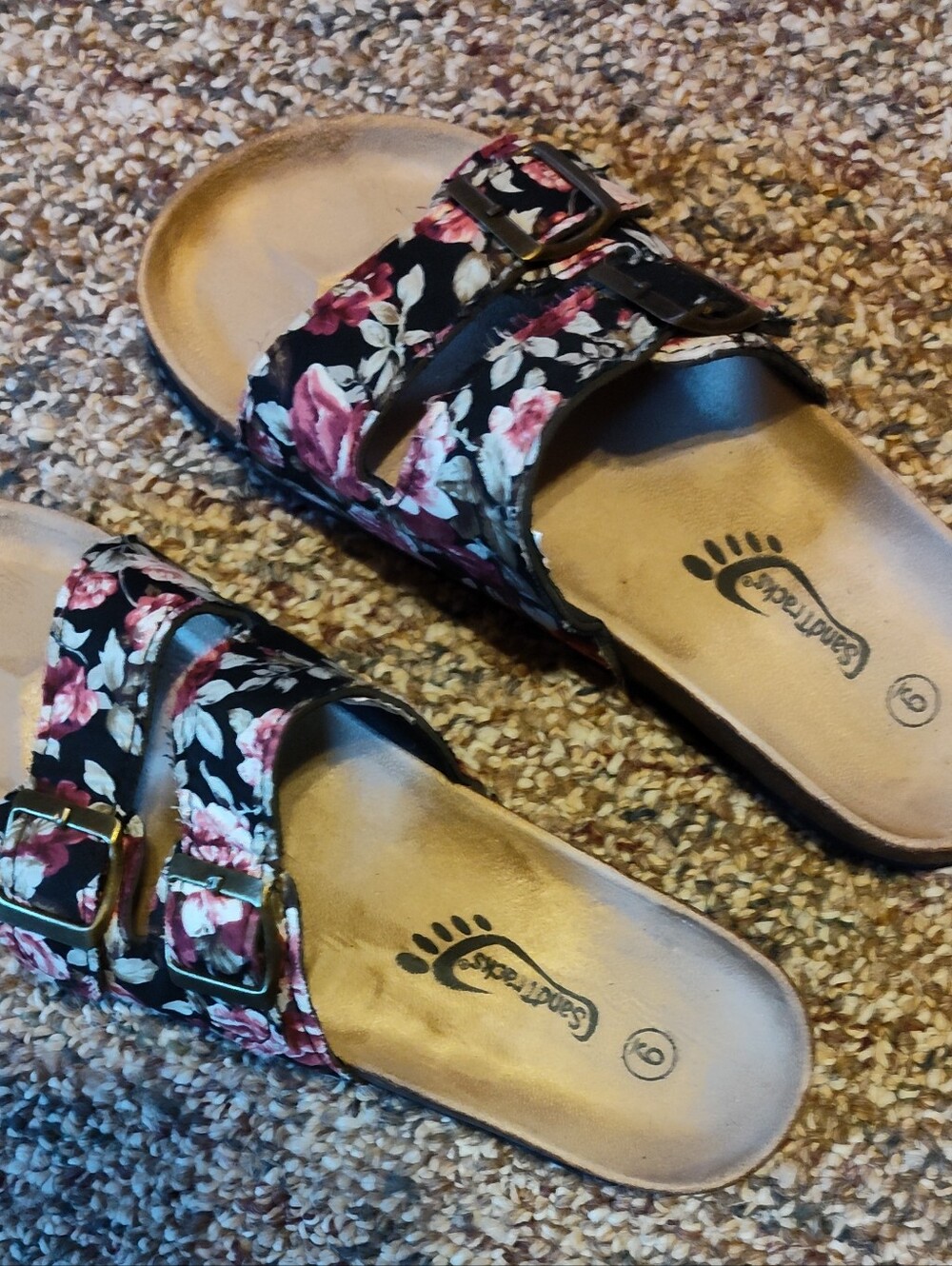 Floral Double-Buckle Slide Sandals - Black & Rose